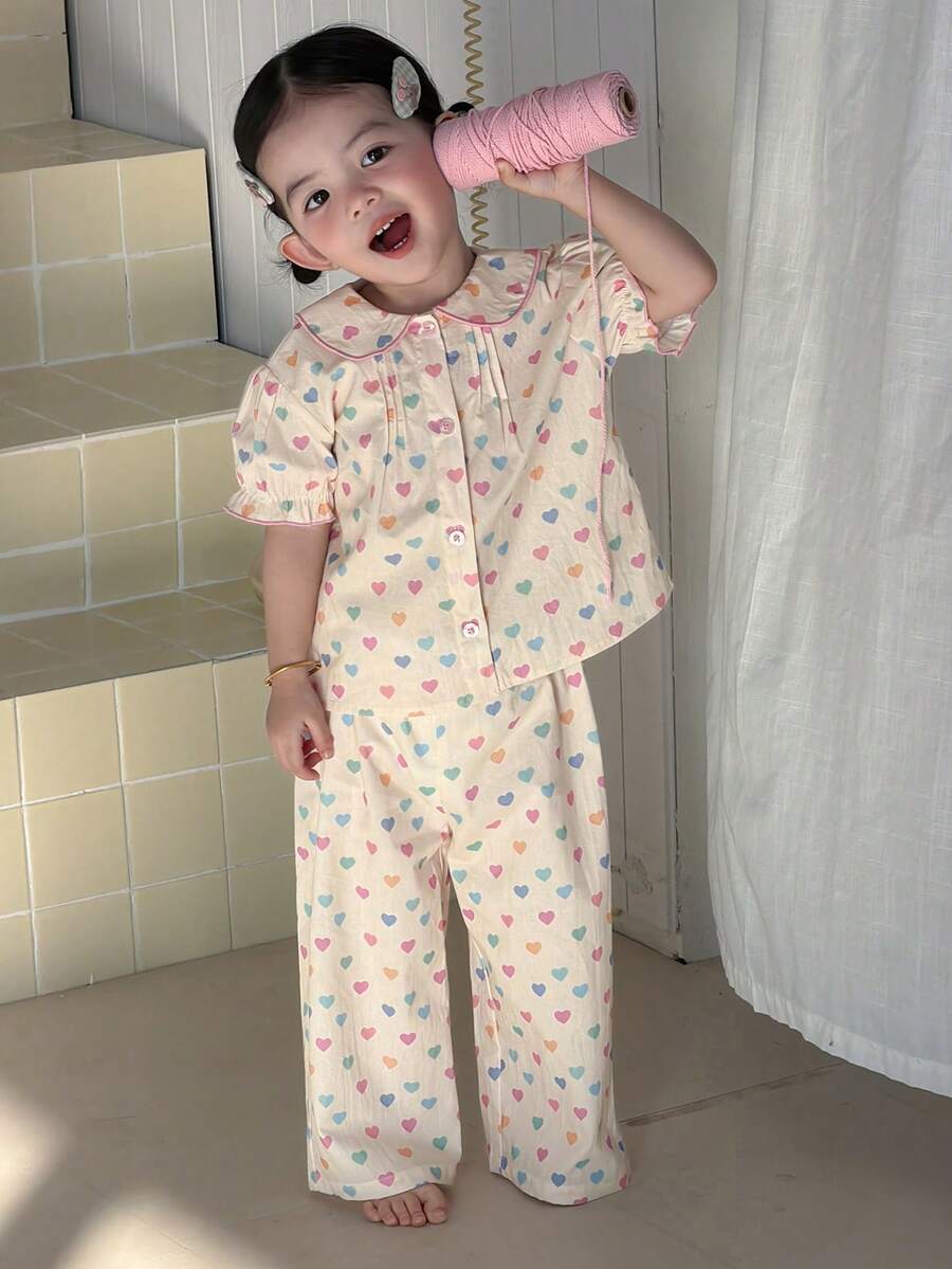 DAZY 2件套女婴爱心印花圆领短袖上衣和裤子睡衣套装 - 白色 - 查看 1