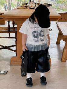 DAZY Blusa de manga corta para bebé niña con cuello en V, 2 en 1 con volantes de malla y estampado en inglés - Blanco - Ver 1