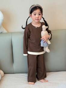 DAZY 2pcs Baby Girls' Comfortable Round Neck 2 In 1 T-Shirt And Leggings Pajama Set Toddler Girls Clothes - Brown - View 5