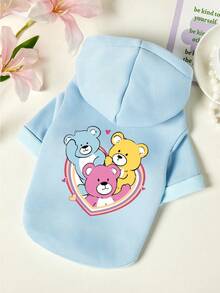 PETSIN 1pc Three Cute Little Bears Love Letter Printed Pet Hat Hoodie Sky Blue Autumn/Winter Thick Warm Leisure Style Pet Clothes - sky blue - View 1
