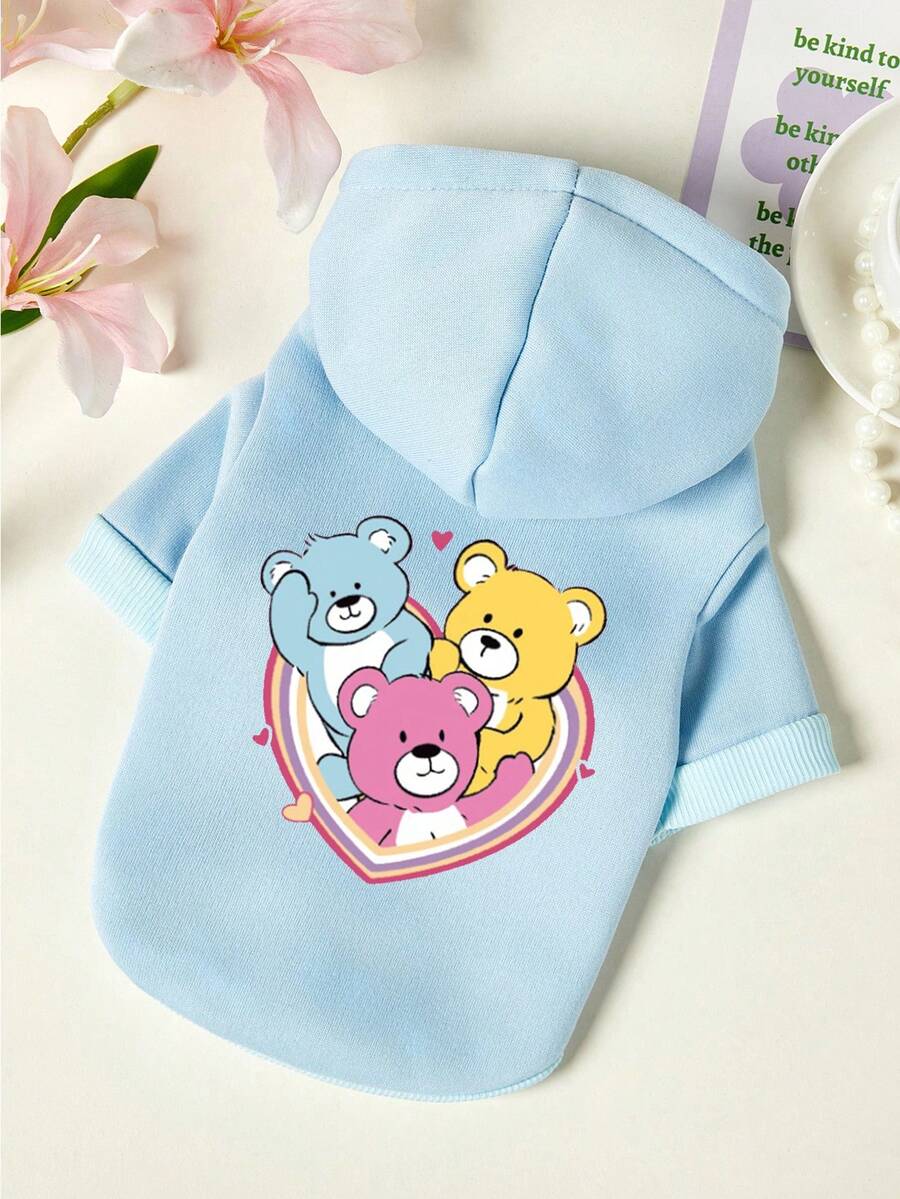 PETSIN 1pc Three Cute Little Bears Love Letter Printed Pet Hat Hoodie Sky Blue Autumn/Winter Thick Warm Leisure Style Pet Clothes - sky blue - View 1