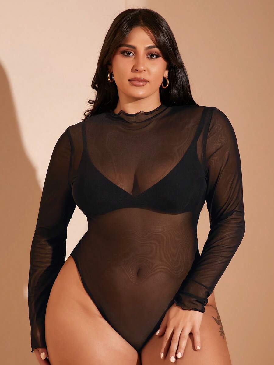 SHEIN BAE 大码女式黑色网纱透视连体衣，女士连体衣，黑色连体衣，紧身连体袜，大码塑形连体衣，演唱会连体衣，圣诞节服装，女士休闲紧身连体衣，性感连体衣，大码长袖连体衣，高领连体衣，大码透视连体衣，女士职业装