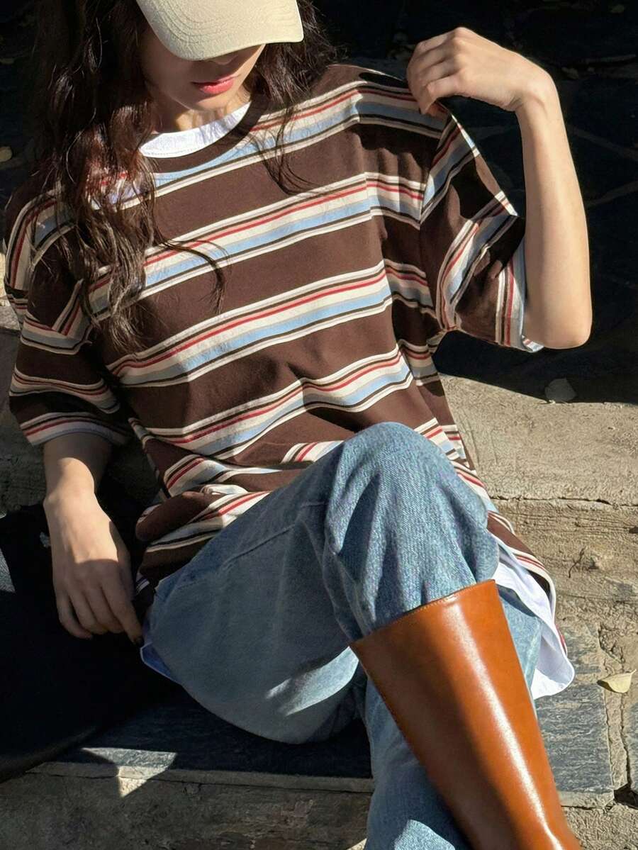 DAZY 条纹宽松长袖圆领女式休闲T恤 Y2k - 咖啡棕 - 查看 1