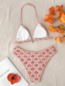 SHEIN 少女复古印花细肩带比基尼套装，杏色针织纹理贝壳装饰挂脖三角比基尼套装，夏季沙滩金色吊坠随机印花沙滩装泳衣，夏季 - 紅色 - 查看 2