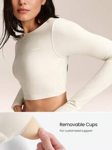 GLOWMODE FeatherFit™ Short And Sweet Buttery-Soft Twisted Open Back Design Thumbholes Long-Sleeve Crop Top Low Impact Yoga Studio Daily Casual Wear Removable Cups - White - View 4