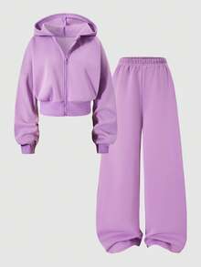 Sparklyn 2pcs/Set Teenage Girls' Floral Gray Hooded Zip-Up Cardigan With Loose Dropped Shoulder And Ribbed Waist, Paired With Matching Loose Fit Relaxed Pants, Casual Sports College Style Outfit, Suitable For Outdoor, Indoor, Sports, Party, School, Spring/Autumn/Winter Girl Y2k Outfit Purple Outfits Teen Teen Y2k Outfit - Purple - View 3