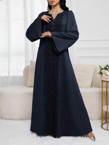 Al Najma 女士纯色简约长袖阿拉伯风格连衣裙，休闲日常穿着 - 藏蓝色 - 查看 3