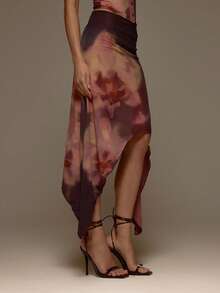 MUSERA 低腰印花网纱不对称尖角下摆宽松中长裙，情人节性感可爱派对浪漫夜晚外出场合度假夏季 - 彩色 - 查看 3