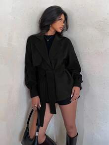 Aloruh Women's Solid Color Lapel NeckLong Sleeve Casual Overcoat, Autumn/Winter - Black - View 6
