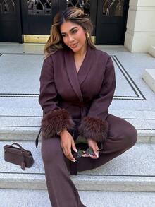 Maria Perezxox Abrigo de color café con puños de peluche a la moda, para otoño/invierno - Café integral - Ver 1