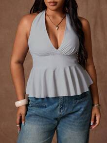Rustia Áo camisole nữ cỡ lớn màu trơn cổ chữ V sâu, viền bèo nhún, thích hợp mặc thường ngày/đi làm. - Xám - Xem 5