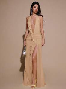 SHEIN BAE 性感简约纯色黄色奶油色深V领露背修身褶皱网纱长款连衣裙，适合派对、鸡尾酒会、正式场合、伴娘、生日、圣诞节、商务休闲等场合，优雅女装 - 卡其色 - 查看 4