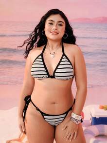 Swim Mod New Vintage Striped Textured Fabric Bikini Set, Contrast Color Summer Swimsuit Set, Plus Size Swimwear Set - Black and White - View 5