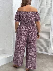 SHEIN VCAY Plus Size Ditsy Floral Off-Shoulder Top And Pants Two Pieces Set, Summer Outfits - Burgundy - View 2