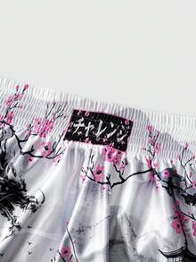 ROMWE MEN Anime Men's Japanese Style Printed Elastic Waist Loose Boxing Shorts - White - View 3