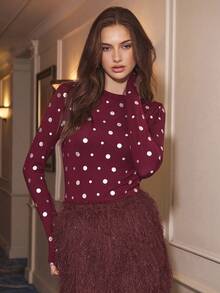 Maija 女士波点图案圆领长袖修身时尚T恤派对上衣红色上衣女士新年亮片上衣红色上衣女士波点上衣新年女士休闲波点派对新年夜波点上衣红色上衣酒红色上衣情人节女士 - 酒紅色 - 查看 9