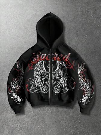 Herren Hoodie mit Buchstaben- und Flügel-Muster mit Reißverschluss