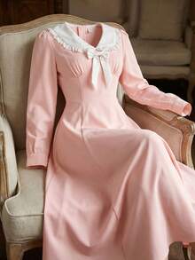 1 pieza Vestido de manga larga elegante y cómodo con cuello de volantes, lazo y encaje, versátil y femenino, apropiado para uso diario en primavera/otoño - Multicolor - Ver 3