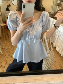 DAZY 女士蕾丝蝴蝶结清新甜美泡泡袖上衣 春季 - 淺藍色 - 查看 6