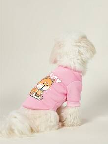 PETSIN 1件柴犬字母印花宠物喝奶茶图案秋冬粉色加厚保暖宠物服装 - 粉色 - 查看 2