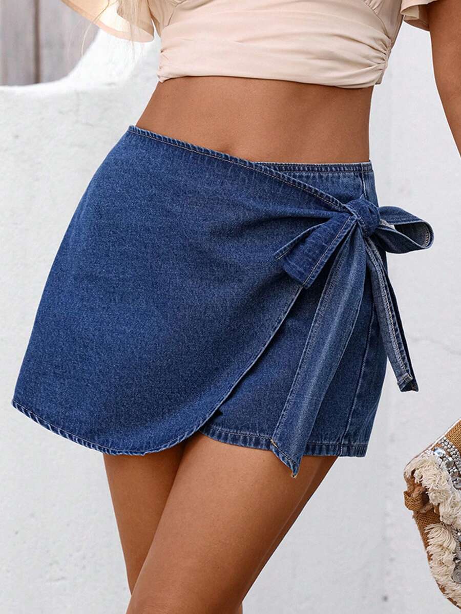 Breezaya Women's Casual Versatile Denim Wrap Tie Skirt Pants - Medium Wash - View 1