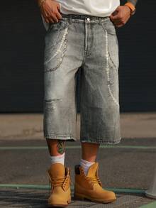 DAZY Men's Distressed Washed Grey Patterned Digital Print Denim Shorts, Summer - Grey - View 1