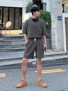 DAZY 男士纯灰色圆领弹力腰带T恤套装，夏季 - 灰色 - 查看 5
