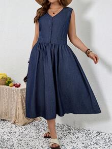 EMERY ROSE Đầm denim dáng rộng, màu trơn, không tay, cổ chữ V, thắt nơ, có túi. - Màu xanh lam - Xem 6