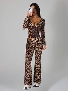 SHEIN PETITE 2 Pieces Women Leopard Print Casual Top And Pants Set Leopard Set - Brown - View 4