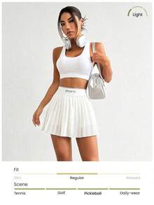 Velisys 2pcs Set: Casual Versatile Solid Color High Stretch Letter Elastic Waistband Storage Shorts & Pleated Skort - Multicolor - View 5