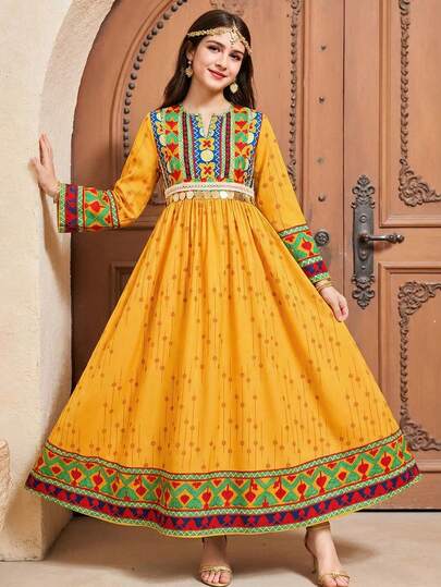 SHEIN Teen Girls' Yellow Print Robe, Kaftan Style Long Sleeve Robe For Vacation & Outings, Spring/Summer Teen Colored Full Sleeve Dresses Yellow Ball Gown For Girls Cotton Long Dresses For Girls Yellow Stylish Dresses For Girls