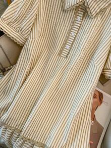 SHEIN Clasi Đầm nữ cỡ lớn kẻ sọc cổ bẻ, đầm thường ngày, đầm đi nghỉ mát, đầm ngoài trời. - Màu be - Xem 9