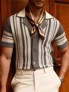 Manfinity CityGents Men's Fashionable Casual Holiday Button-Up Short Sleeve Knit Top - Khaki - View 1