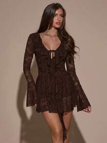 SHEIN BAE Women's Sexy Elegant Elegant Vacation Style Deep V-Neck Ruffle Sleeve Sheer Lace Mini Dress, Spring/Summer/Autumn - Coffee Brown - View 7