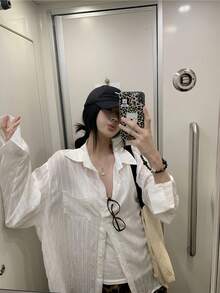 K-Vae Women's Dropped Shoulder Long Sleeve Single-Breasted Casual Pocket White Loose Shirt - White - View 6