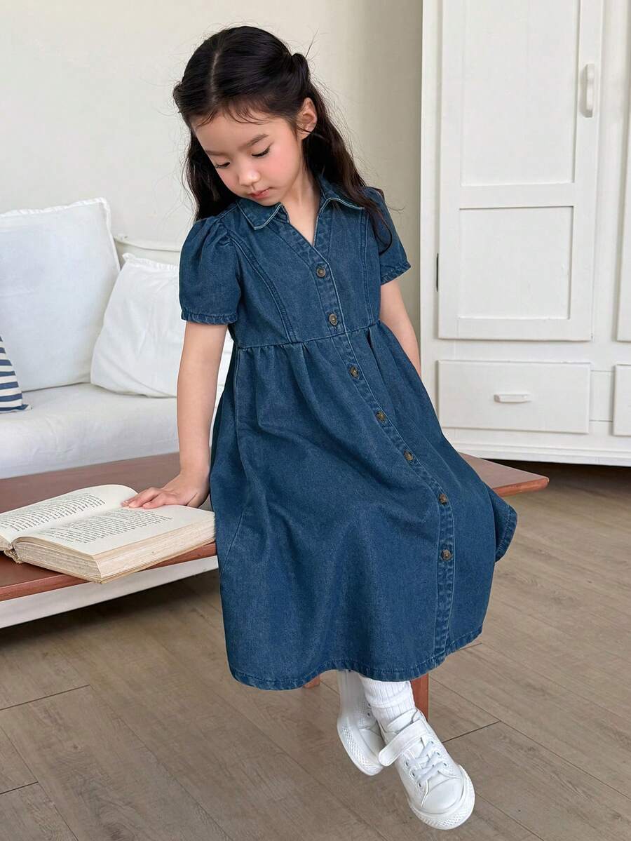 Đầm denim trơn màu, cổ bẻ, kiểu Hàn Quốc, đa năng dành cho bé gái. - Màu xanh lam - Xem 1