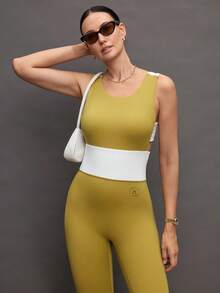 Activina Women's Letter Print Casual Everyday Fitness Yoga Sports Jumpsuit Ralphlauren  Knitted Fabric - Mustard Yellow - View 5