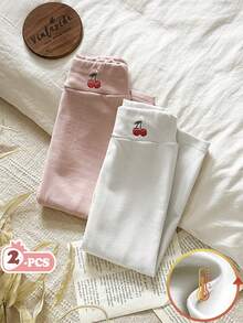 SHEIN Vintaside Kids 两件装女童打底裤，绣花蝴蝶结图案，天鹅绒内衬，适合日常休闲穿着，秋冬季节。 - 白色 - 查看 3