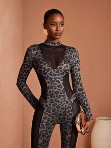 JIAN LASALA Turtleneck Leopard Print Transparent Mesh Block Long Sleeves Sexy Fitted Bodysuit Women Winter - Black - View 6