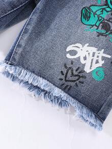 SHEIN Young BoyFashion Distressed Denim Shorts, Medium Wash Blue, Streetwear Style, Relaxed Fit - Dark Wash - View 5