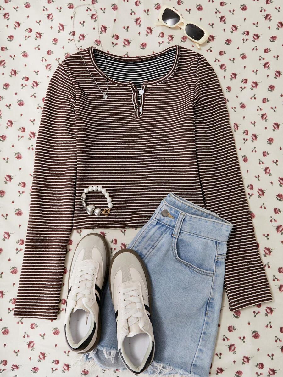 Áo kiểu nữ tuổi teen cổ chữ V đa năng, có 2 nút cài, thích hợp cho các buổi đi chơi mùa xuân/hè. - màu nâu - Xem 1