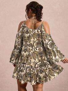 Freevana Plus Size Cold-Shoulder Spaghetti Strap Flare Sleeve Vintage Dress - Apricot - View 2