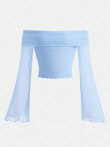 SHEIN Serisse Kids Tween Girl Casual Minimalist Off-Shoulder Cropped Flare Long Sleeve T-Shirt - Baby Blue - View 5