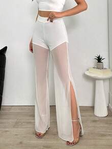 EURMUSE Black Lycra Knit Fabric, Wide Leg Trousers, Festival Trousers, Semi-Sheer Mix Mesh Fabric