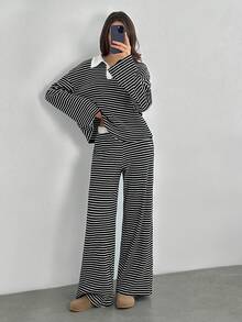 SHEIN Tall 女款2件套寬鬆黑白條紋V領長袖T恤與鬆緊腰長褲，休閒居家返校秋季冬季針織套裝，適合高個女性 - 黑色 - 查看 7