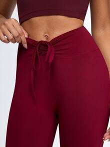 Eassivo Eassivo Women's Burgundy High-Waisted Ruched Drawstring Leggings,Burgundy Leggings - Maroon - View 3
