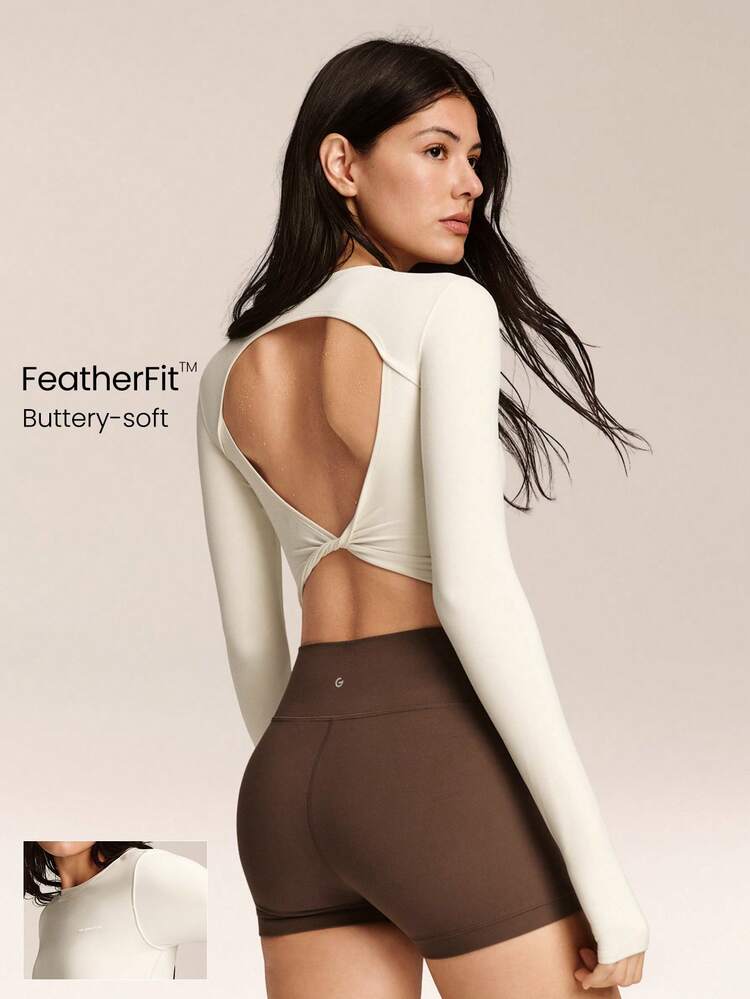 FeatherFit™ Short And Sweet Buttery-Soft Twisted Open Back Design Thumbholes Long-Sleeve Crop Top Low Impact Yoga Pilates Studio Daily Casual Wear Removable Cups