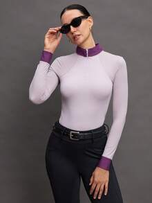 Activina Women's Contrast Zipper Half-Placket Stand Collar Long Sleeve Equestrian Top - Mauve Purple - View 3