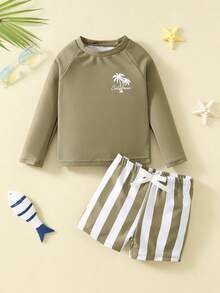 SHEIN Bubblio 2件套男婴夏季休闲度假绿色长袖泳衣和条纹泳裤套装，适合海滩、泳池、水疗中心穿着。 - 彩色 - 查看 3