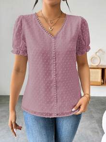 Elenzga Blusa de mujer con cuello en V, mangas abullonadas y detalle de volantes con lunares de estilo francés y unicolor - Morado - Ver 3